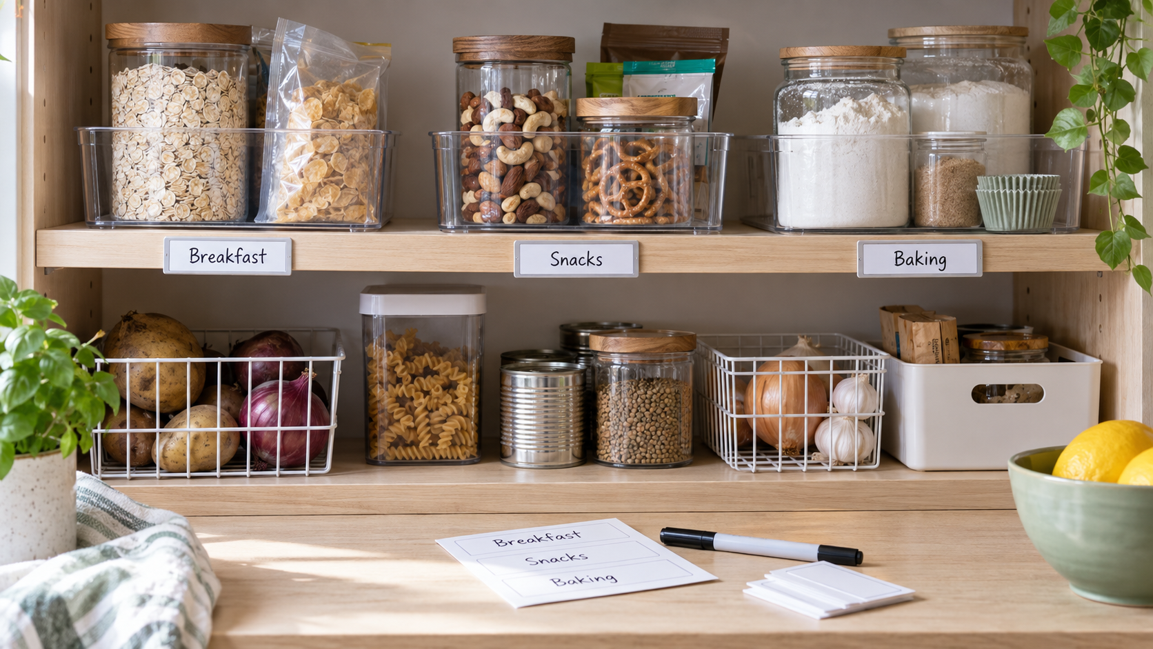 Shared pantry with clear bins and removable Breakfast, Snacks, and Baking labels attached to the front edge of a wooden shelf