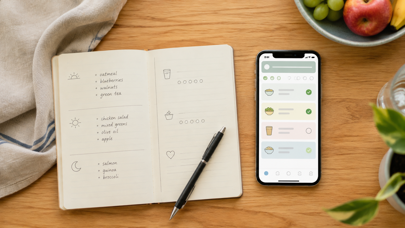 An open paper food journal with simple meal notes beside a phone showing a generic meal-log interface on a kitchen table