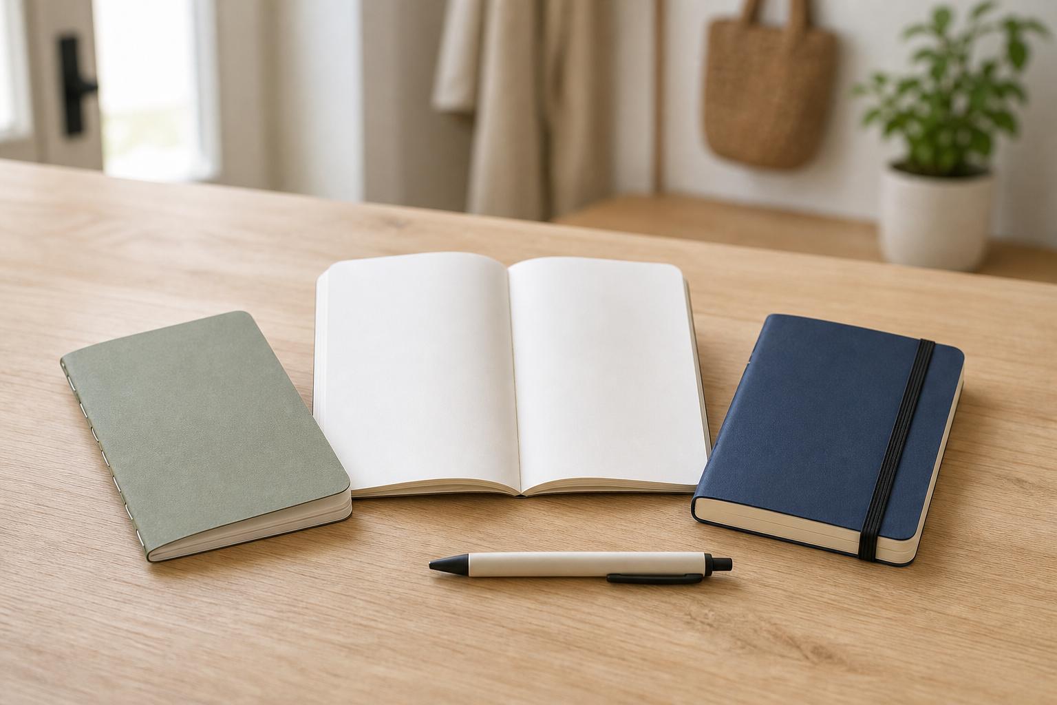 Three unbranded pocket notebooks with different bindings and a pen on a light wood table