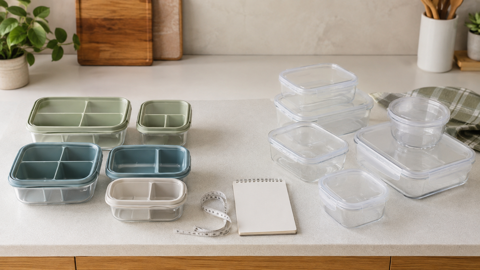 Empty divided portion containers beside plain meal-prep containers in varied sizes, with a measuring tape and blank notepad on a kitchen counter