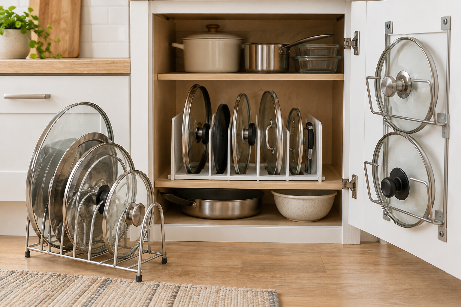 Freestanding wire rack, adjustable divider rack, and cabinet-door holders storing glass and metal cookware lids in a small kitchen cabinet