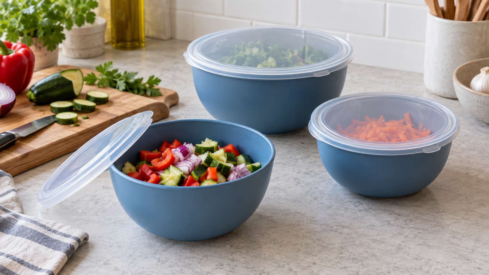 Three unbranded blue prep bowls with fitted clear lids beside chopped vegetables and a cutting board on a kitchen counter