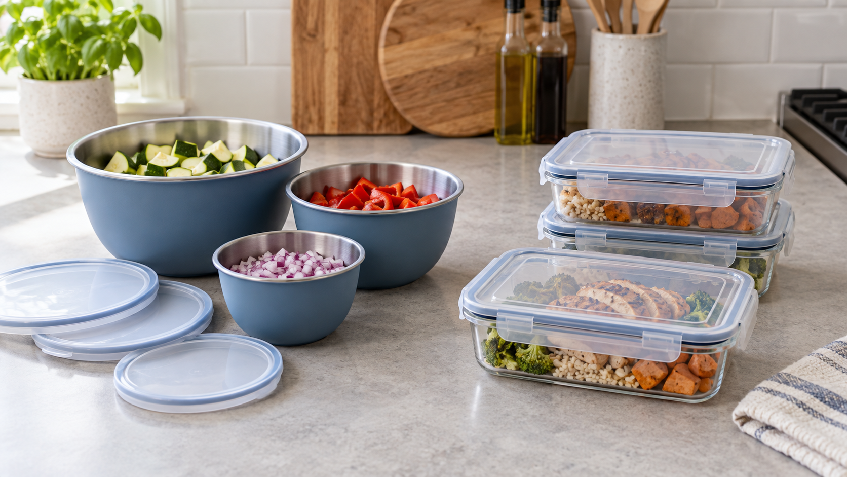 Three unbranded lidded prep bowls with chopped ingredients beside stacked rectangular meal prep containers holding finished food
