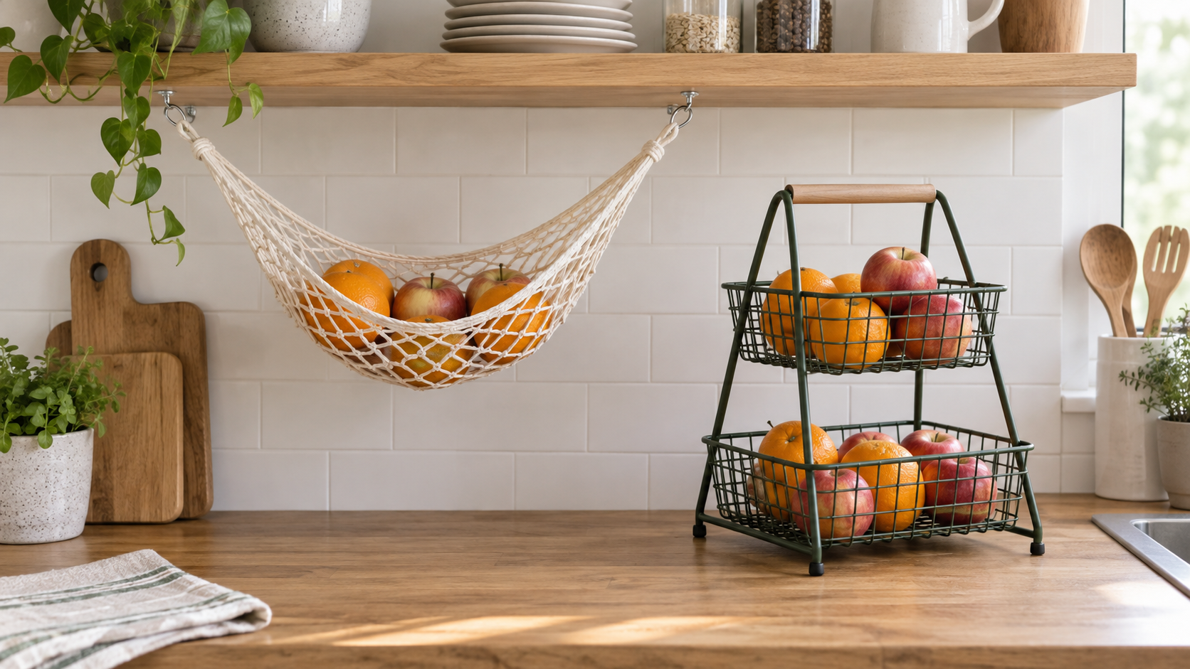 A cream mesh produce hammock mounted beneath a shelf beside a two-tier green wire countertop produce basket in a compact kitchen