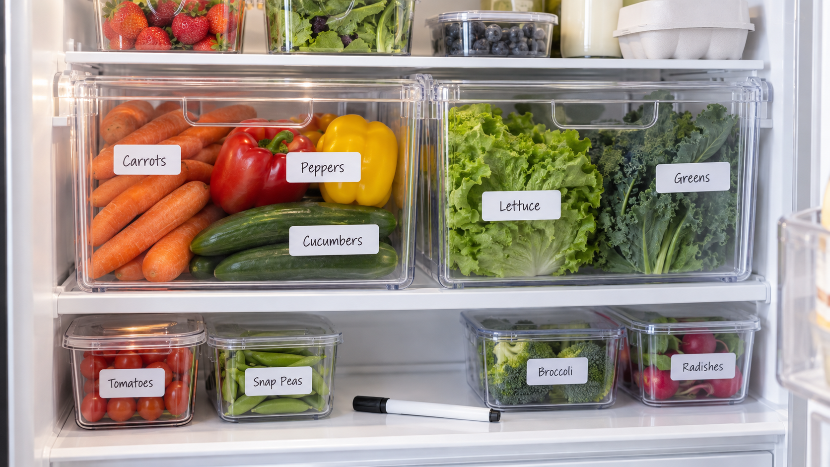 Removable white labels identifying carrots, peppers, cucumbers, greens, and other produce in clear refrigerator drawers and containers