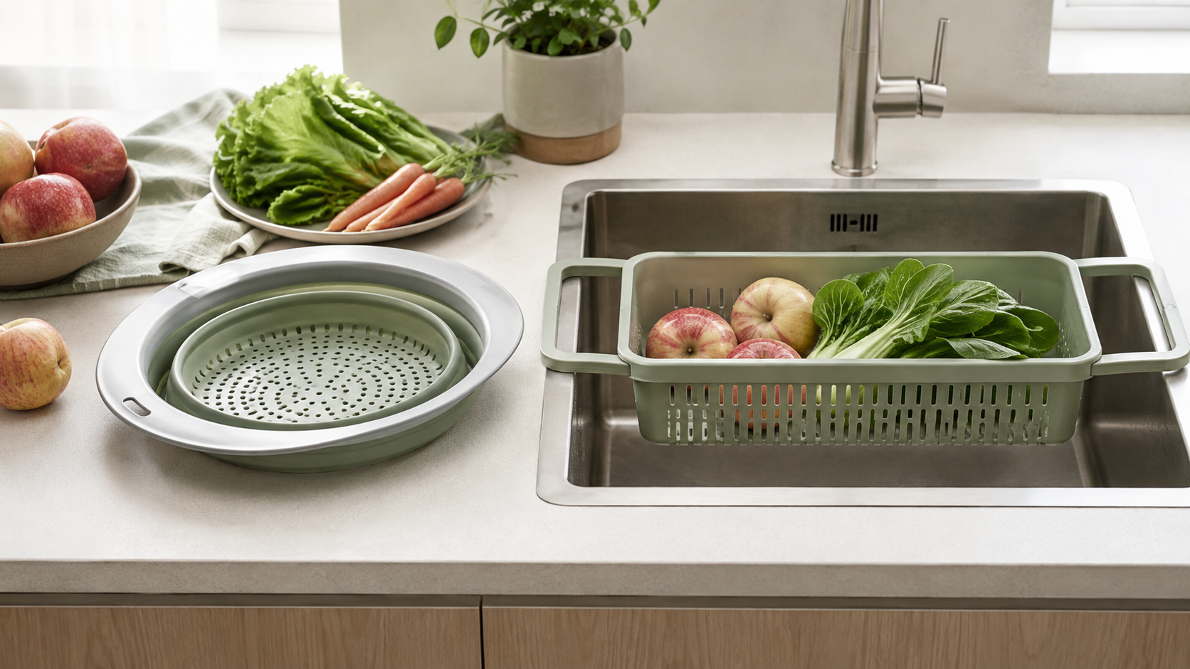 A rigid handled produce wash basket supported across a compact stainless-steel sink, beside a collapsible colander