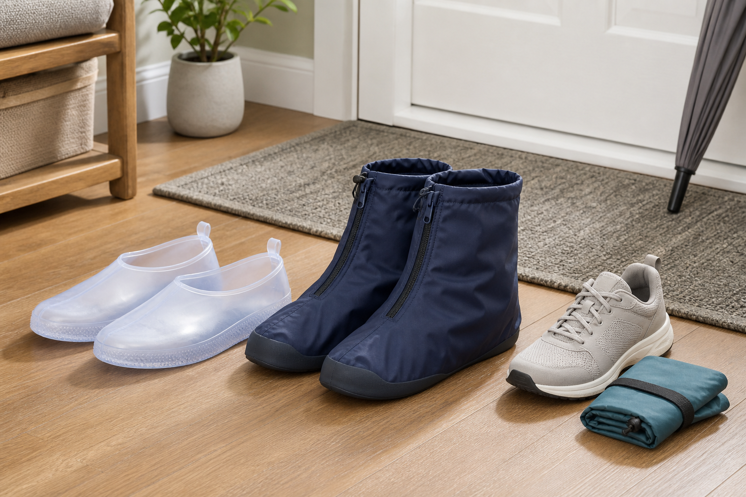 Low-cut and mid-height removable rain shoe covers beside an everyday walking shoe in a dry entryway