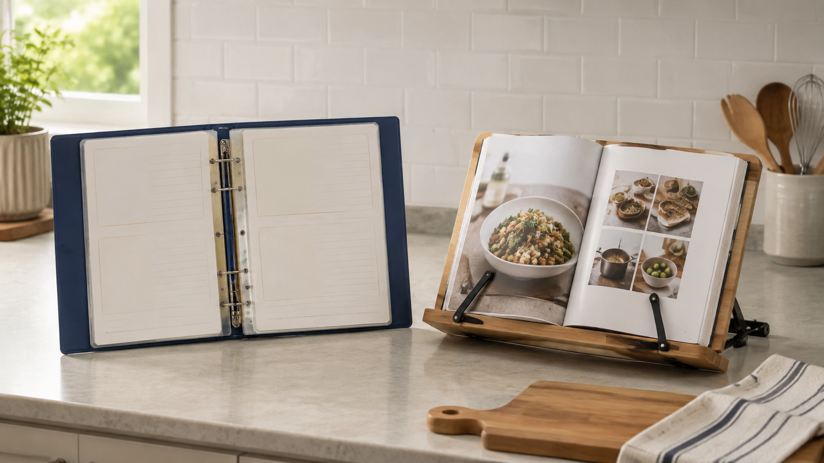 Open recipe binder beside an open cookbook supported on a wooden stand on a kitchen counter