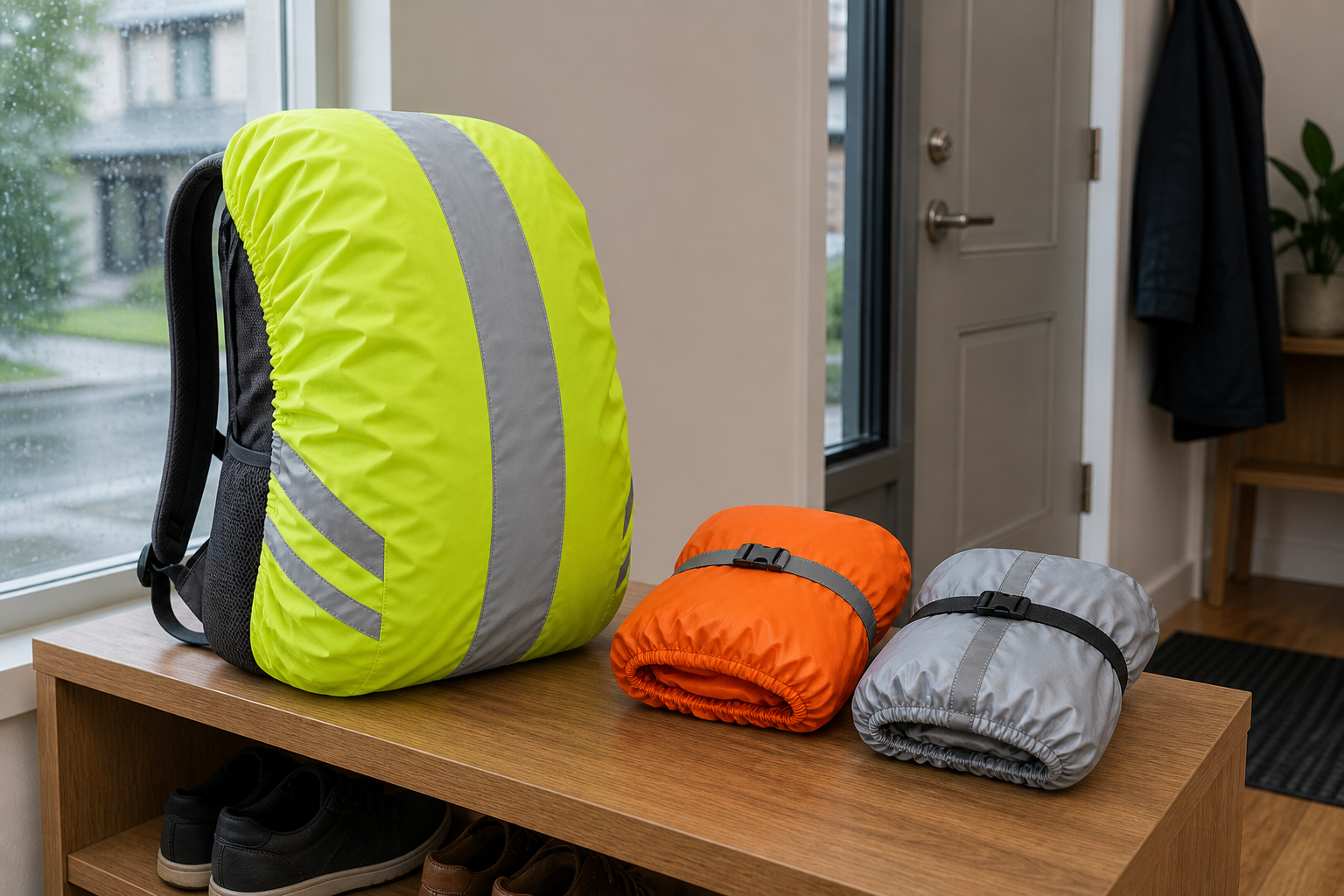 A commuter backpack fitted with a yellow reflective cover beside folded orange and silver-gray backpack covers in a rainy entryway