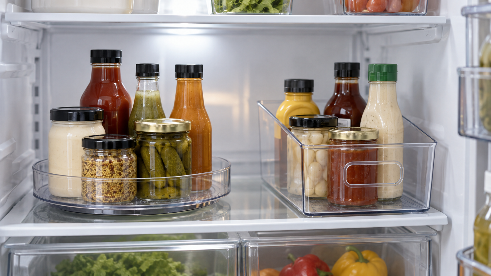 Clear low-rim refrigerator turntable beside a clear handled refrigerator bin, each holding unbranded condiment jars and bottles on the same shelf