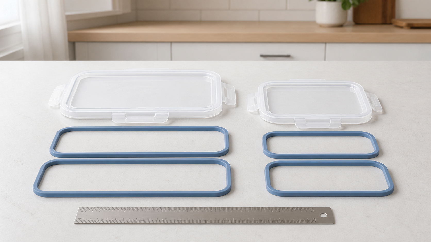 Four rounded-rectangle food-container lid gaskets arranged beside two generic lids and a ruler for compatibility checking