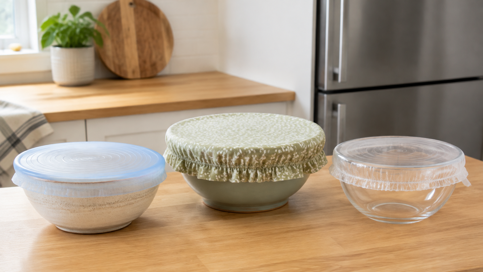 Three unbranded bowls on a bright kitchen counter covered with a pale silicone stretch lid, washable fabric cover, and clear elastic cover
