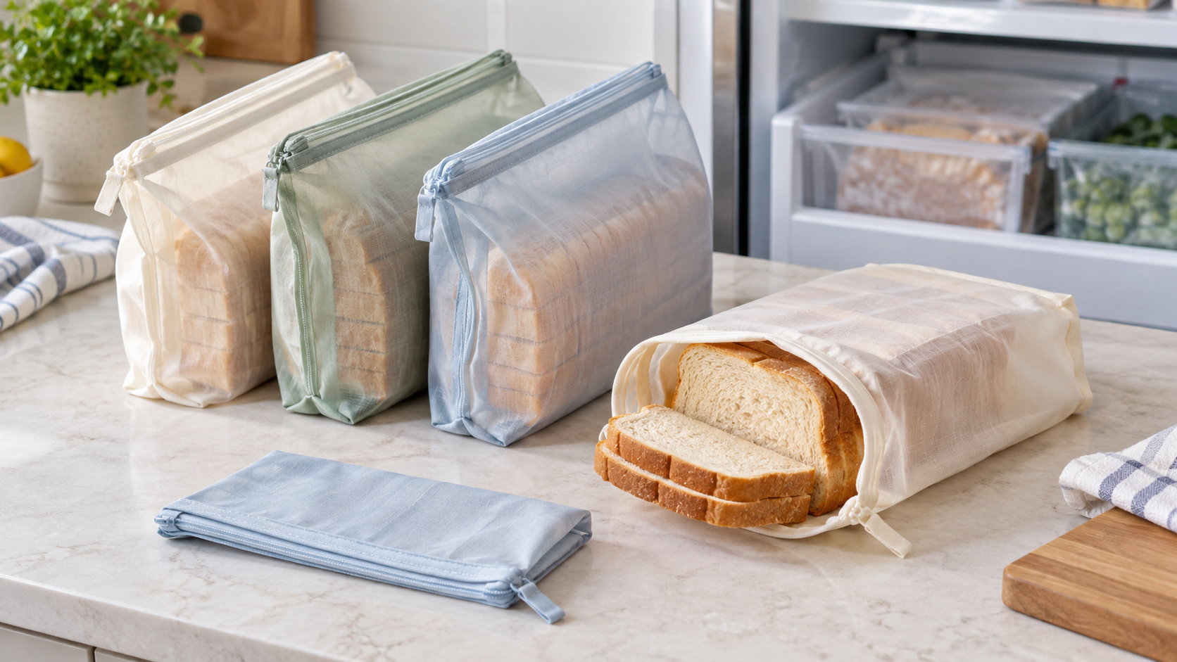 Cream, sage, and blue reusable bread bags holding sliced loaves on a kitchen counter beside an open freezer drawer, with one empty bag folded flat