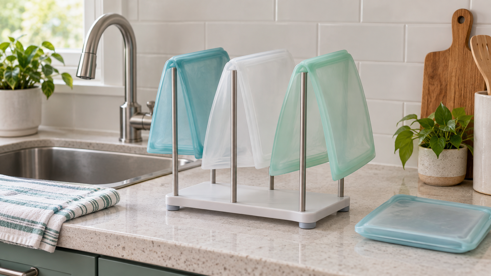 Freestanding countertop rack holding three teal and clear reusable food-storage bags open beside a kitchen sink and folded towel
