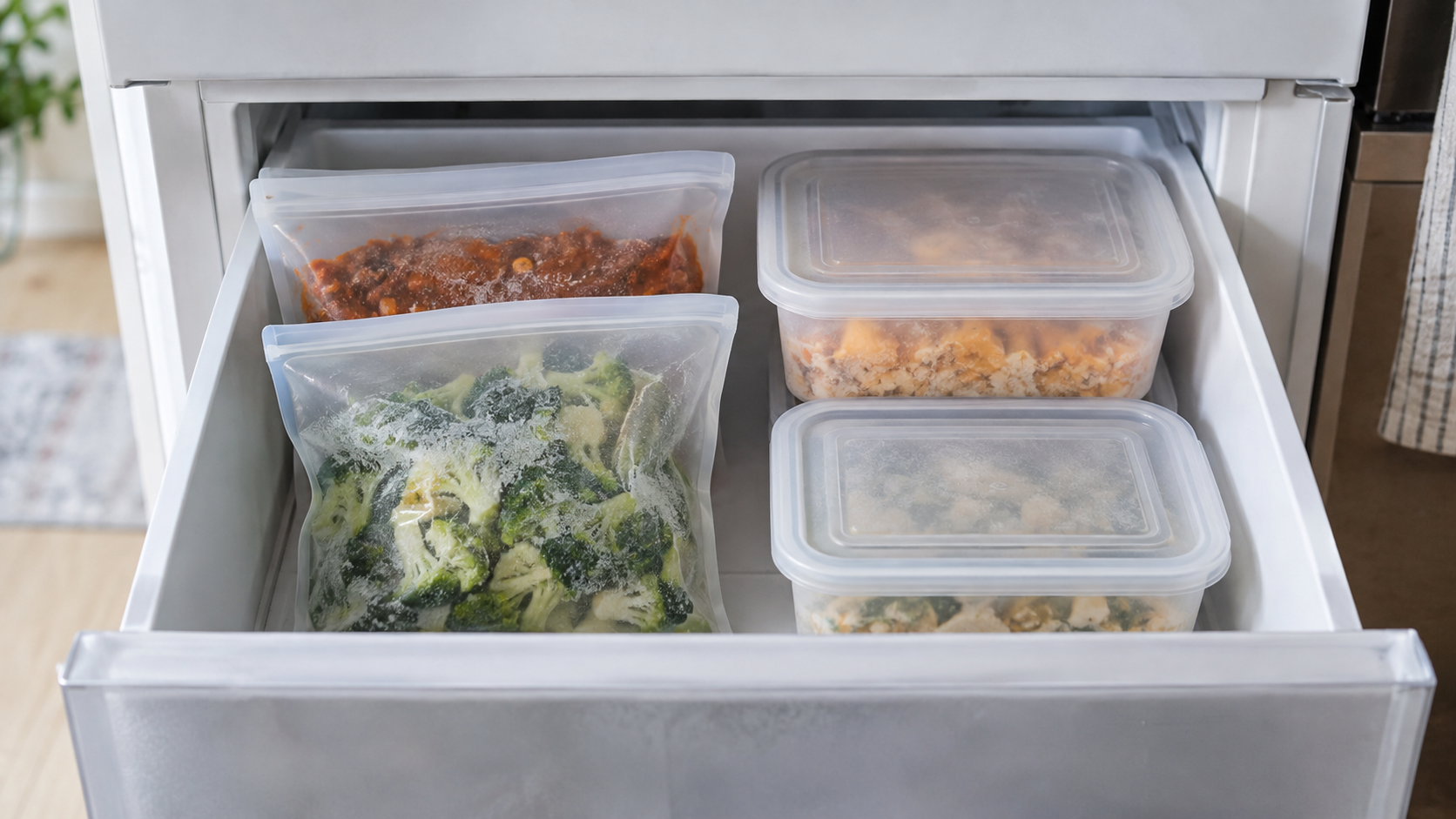 Two reusable freezer bags beside two stacked rigid food containers in an open compact freezer drawer