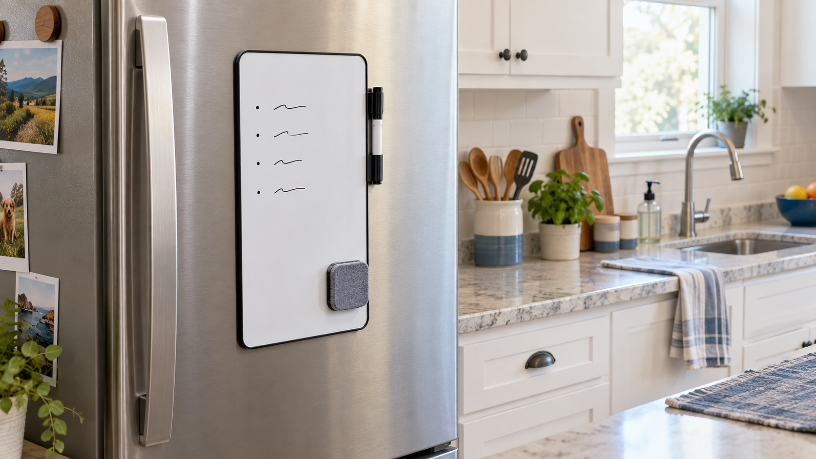 Slim reusable dry-erase grocery list board with marker and eraser mounted on a stainless refrigerator in a shared kitchen