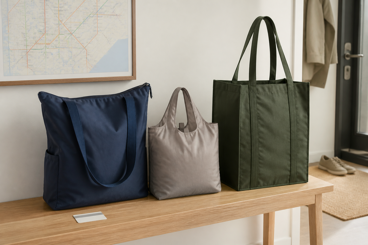 Three non-branded reusable grocery bag formats with long handles and visible closures arranged in an apartment entryway near a transit map