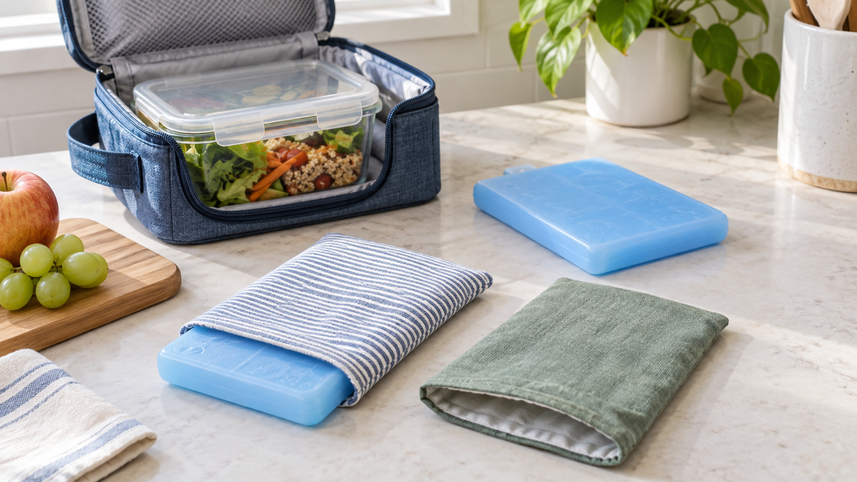 Two reusable fabric ice-pack sleeves, flat cold packs, a food container, and an open lunch bag on a kitchen counter