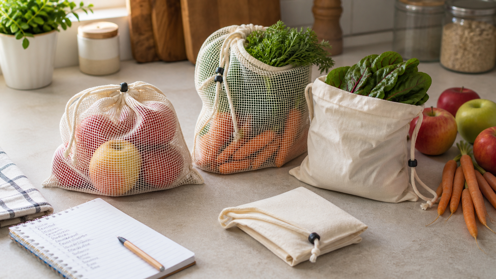 Fine-mesh and solid reusable produce bags arranged beside apples, carrots, leafy greens, and a grocery list