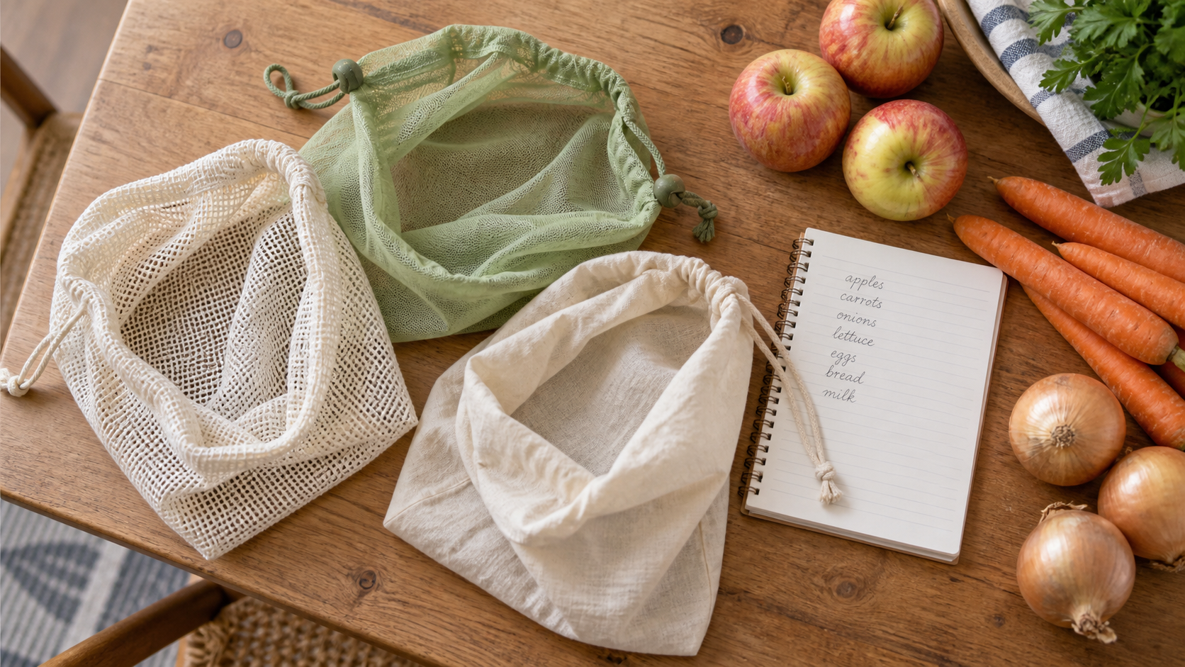 Three empty unbranded reusable produce bags in mesh and fabric formats beside a handwritten grocery list, apples, carrots, and onions on a kitchen table