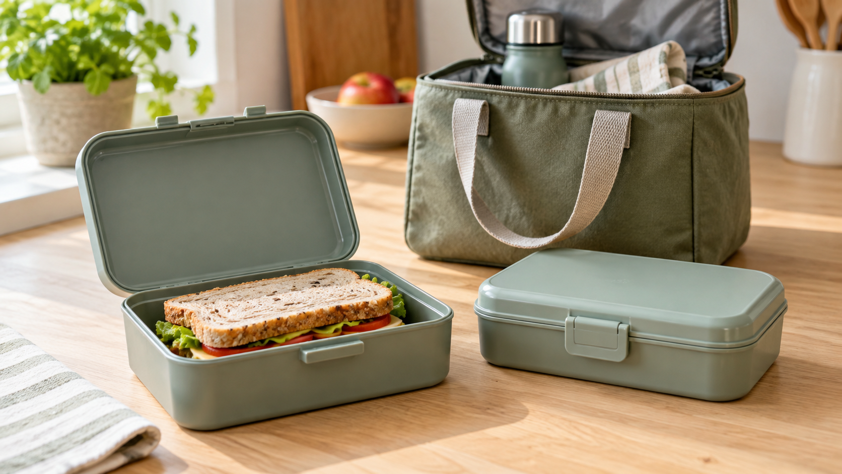 Two unbranded rigid sandwich boxes, one open with a sandwich inside, beside an open reusable commuter lunch tote