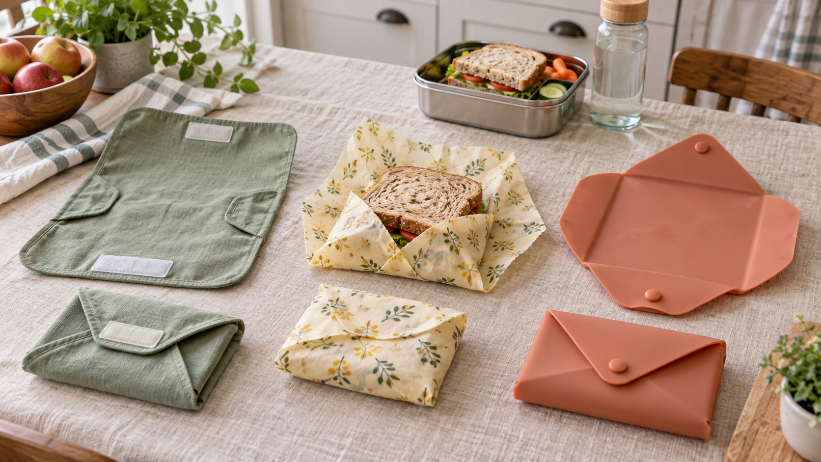 Three unbranded reusable sandwich-wrap formats shown open and folded beside a packed lunch on a kitchen table