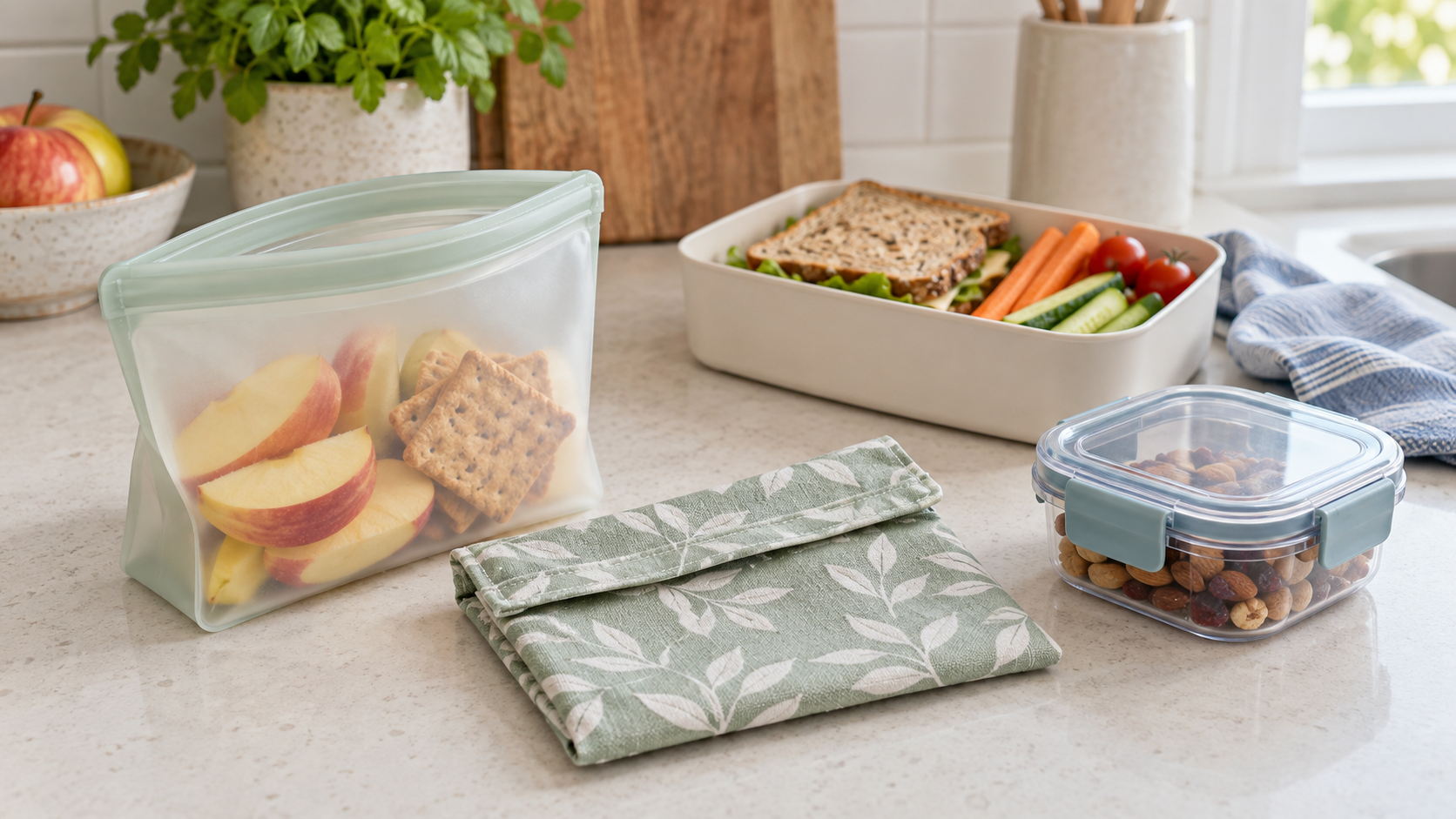 Reusable snack bag, folded fabric bag, and rigid snack container beside a packed lunch