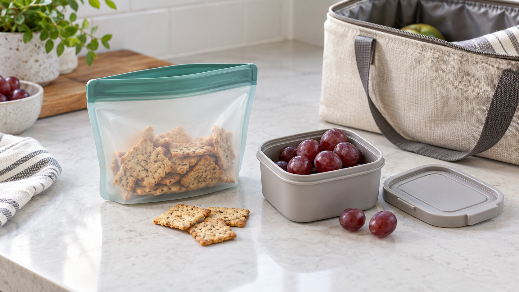Reusable snack bag with crackers beside a small rigid container holding grapes and an open lunch tote