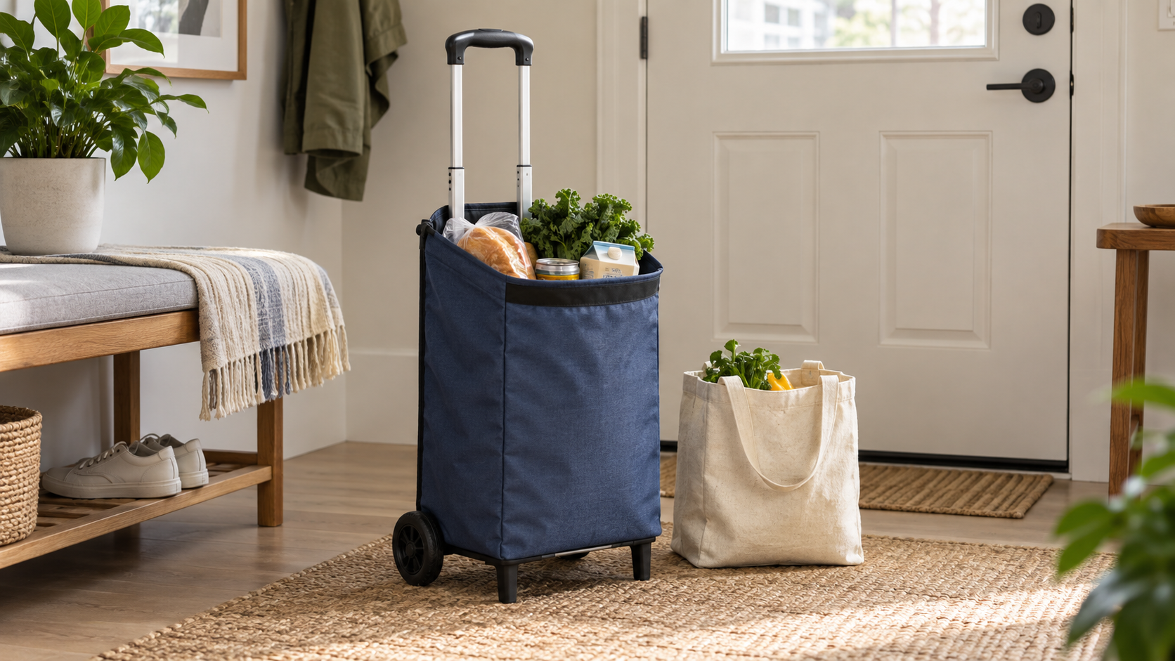 Low blue rolling grocery basket with a telescoping handle and ordinary groceries beside a reusable tote in an apartment entryway