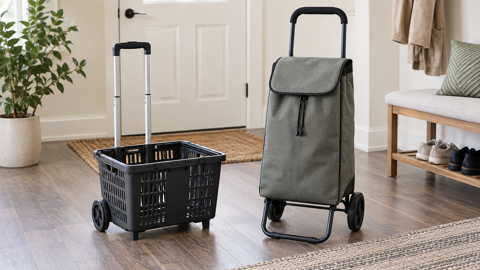 Unbranded low rolling grocery basket with telescoping handle beside a taller compact fabric grocery cart in a bright apartment entryway