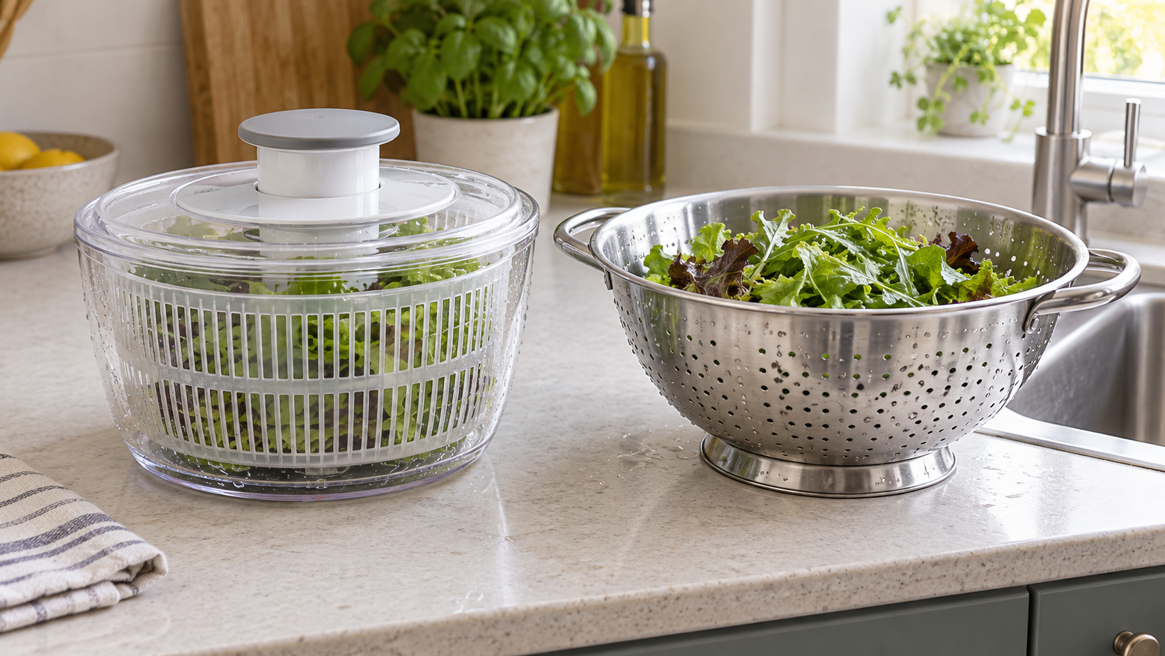 Manual salad spinner and stainless-steel colander holding washed leafy greens beside a kitchen sink