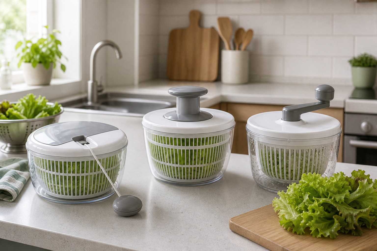 Three unbranded compact salad spinner formats—a pull cord, pump top, and hand crank—on a small kitchen counter