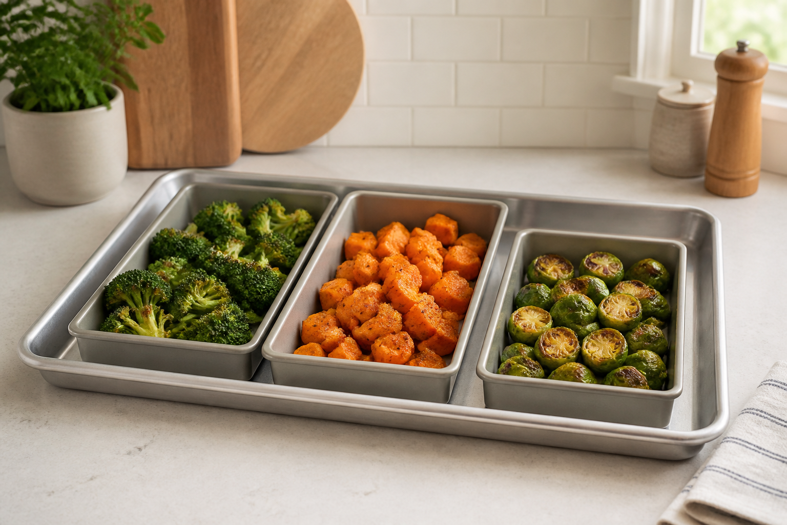 Three unbranded metal divider inserts holding vegetables inside one rimmed sheet pan on a kitchen counter