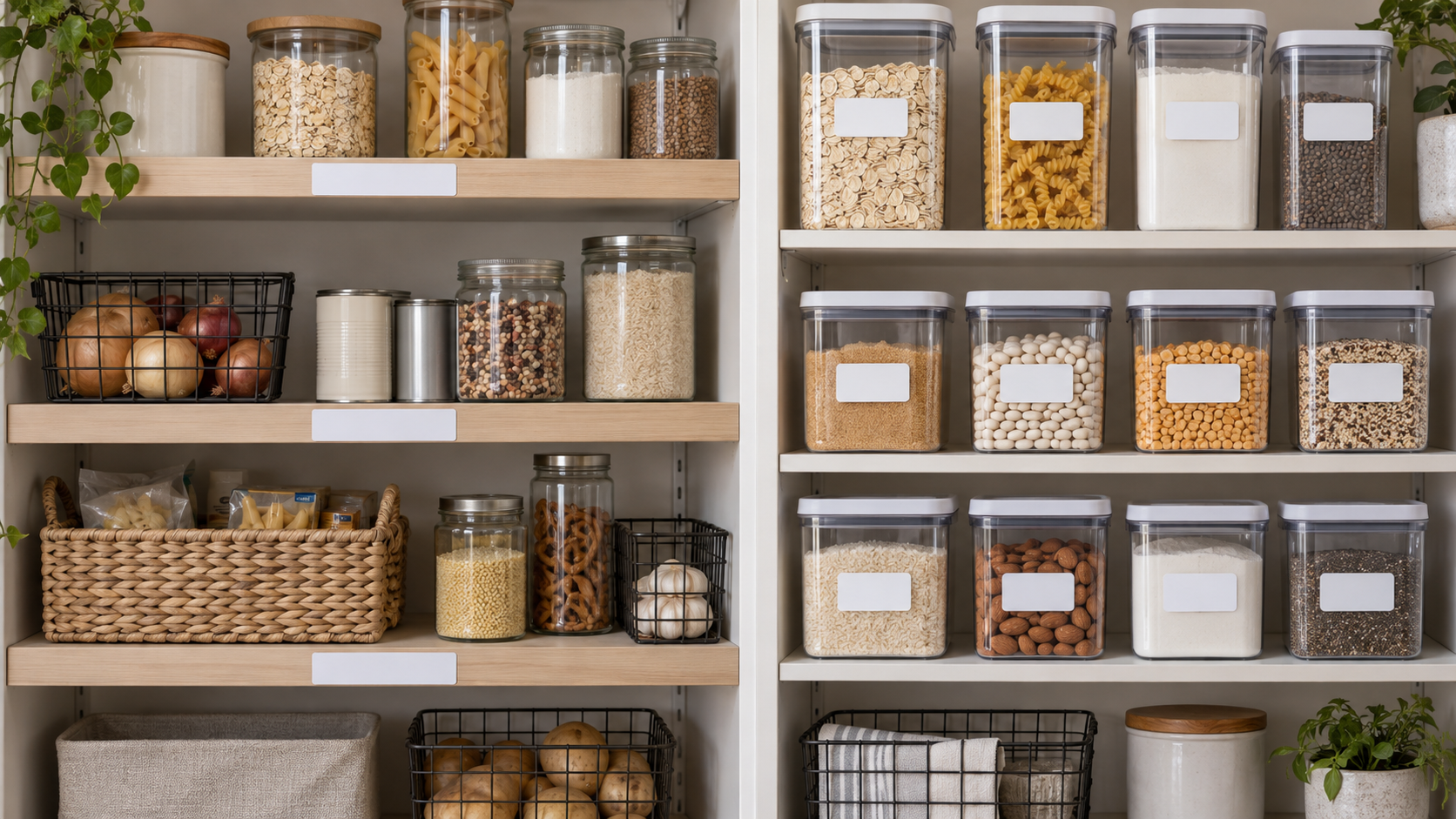 Shared pantry with blank shelf-edge zone labels on the left and blank labels attached to individual clear containers on the right