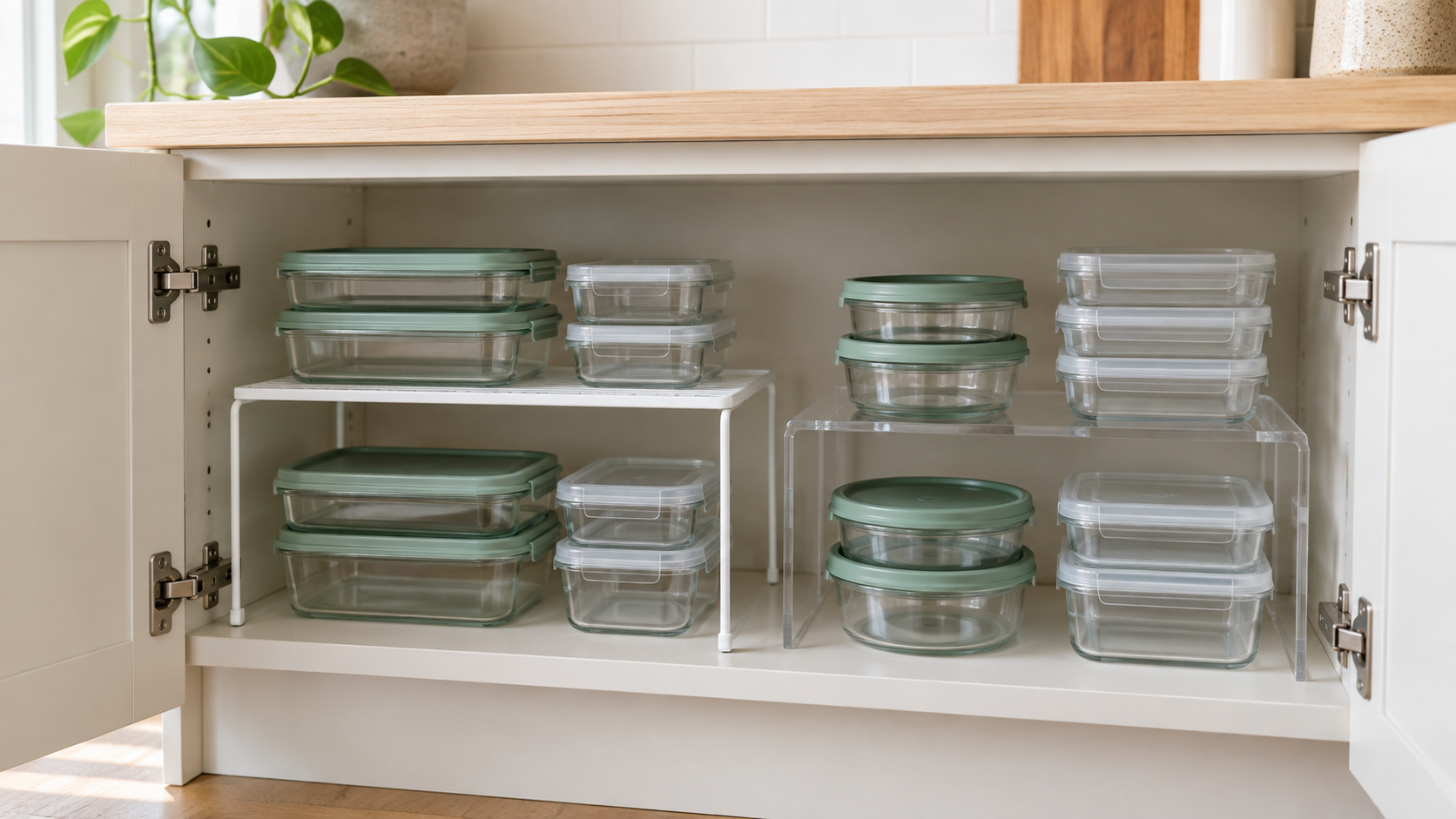 White metal and clear acrylic shelf risers separating stacks of empty meal-prep containers inside a small open kitchen cabinet