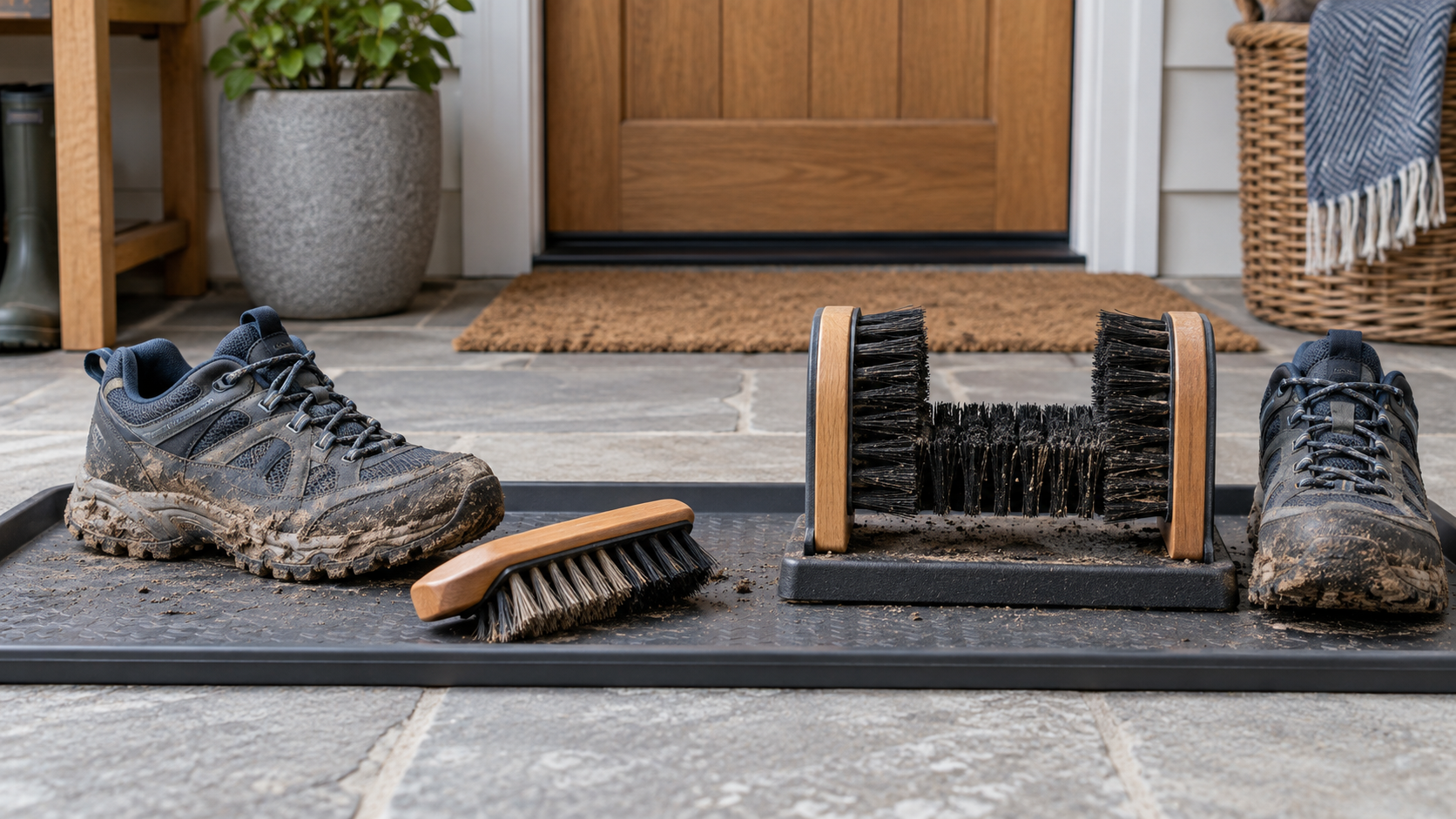 Unbranded handheld shoe brush and freestanding floor boot scraper beside two muddy walking shoes on a shallow tray at a covered entryway