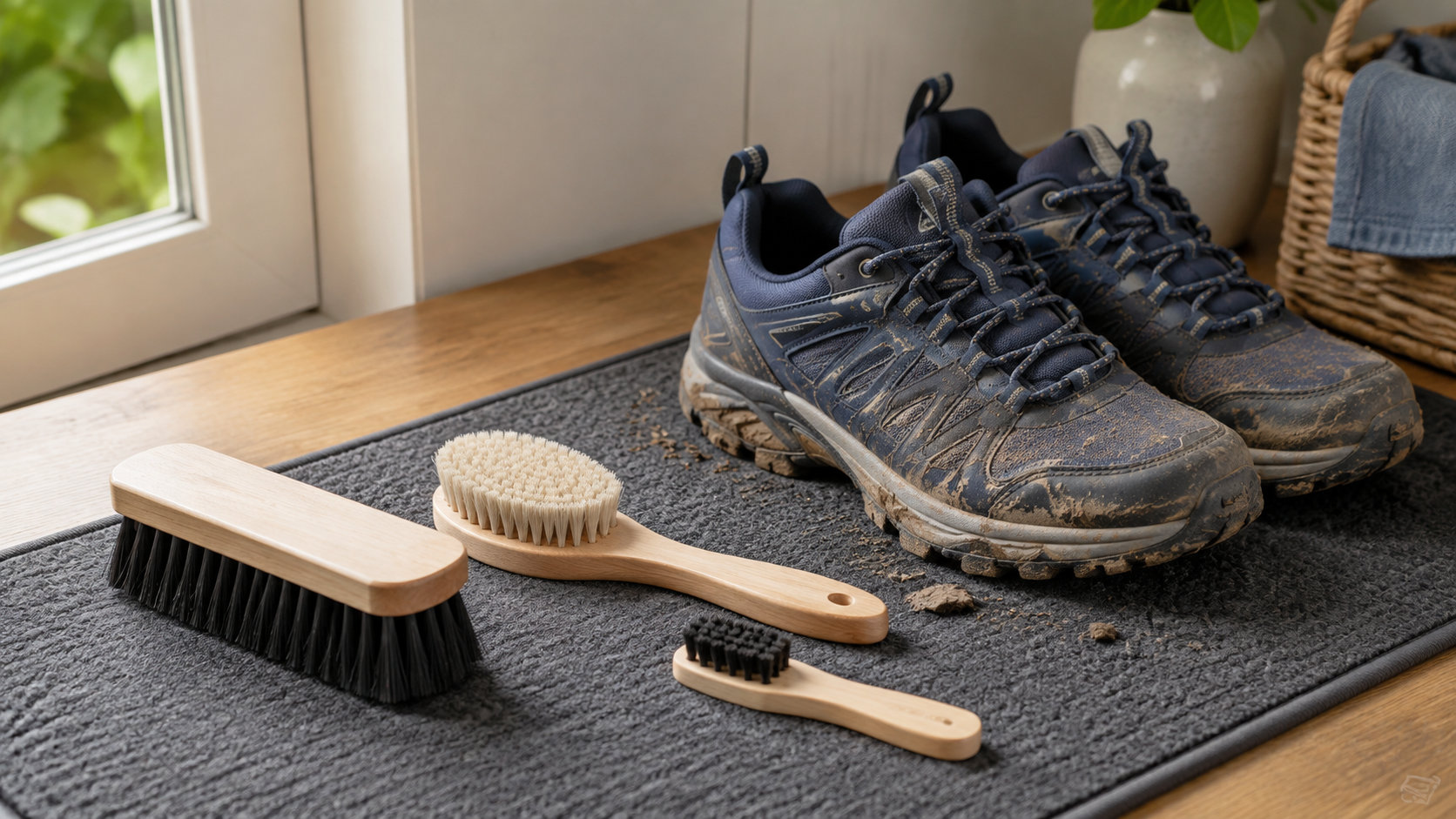 Three unbranded shoe brushes with different bristle shapes beside mud-splashed blue walking shoes on a dark entryway mat
