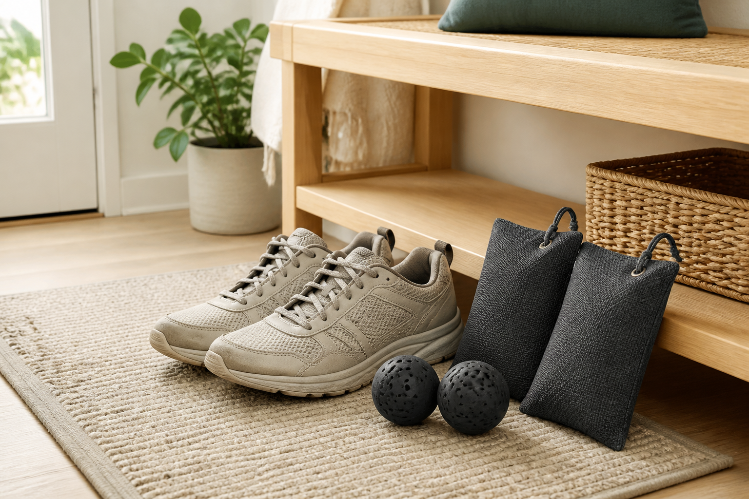 Unbranded charcoal-colored shoe deodorizer pouches and perforated balls beside frequently used walking shoes in a tidy entryway