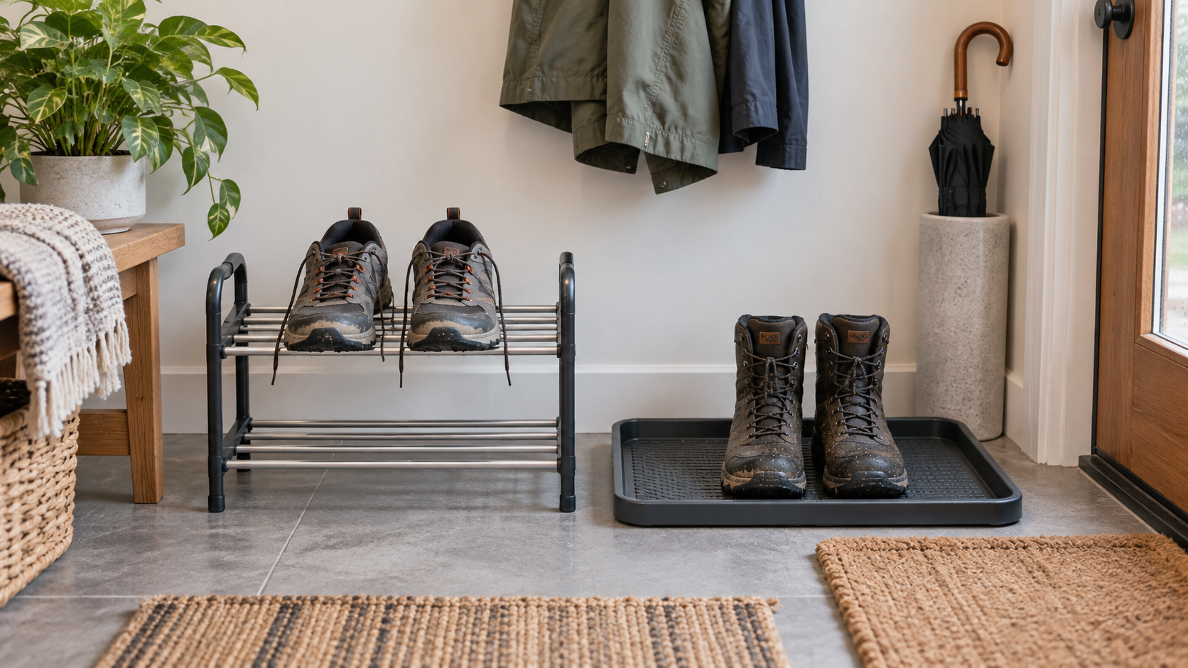 A pair of damp walking shoes separated on an unheated metal rack beside another pair standing in a shallow ridged boot tray in a home entryway