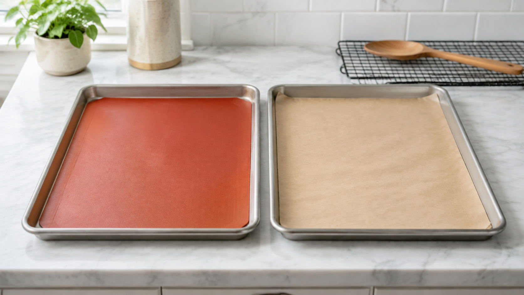 Two plain rimmed sheet pans on a kitchen counter, one lined with a red silicone baking mat and one with tan parchment paper