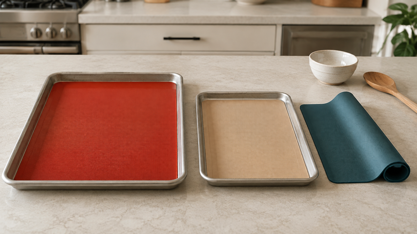 A red full-sheet silicone baking mat and tan smaller mat fitted inside rimmed pans beside a dark teal mat partly rolled for storage