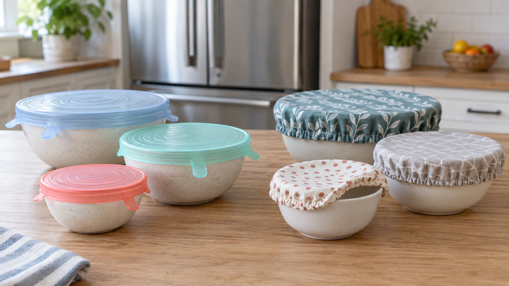 Three translucent silicone stretch lids and three elastic fabric reusable covers fitted over unbranded ceramic bowls on a kitchen counter