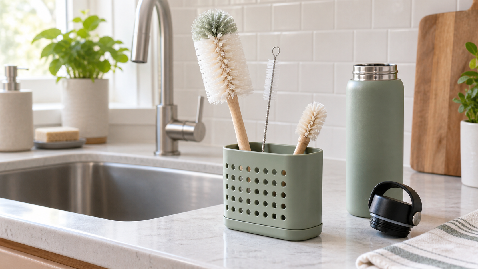 Ventilated sage sink caddy holding a long bottle brush, narrow straw brush, and small lid brush beside an open reusable bottle