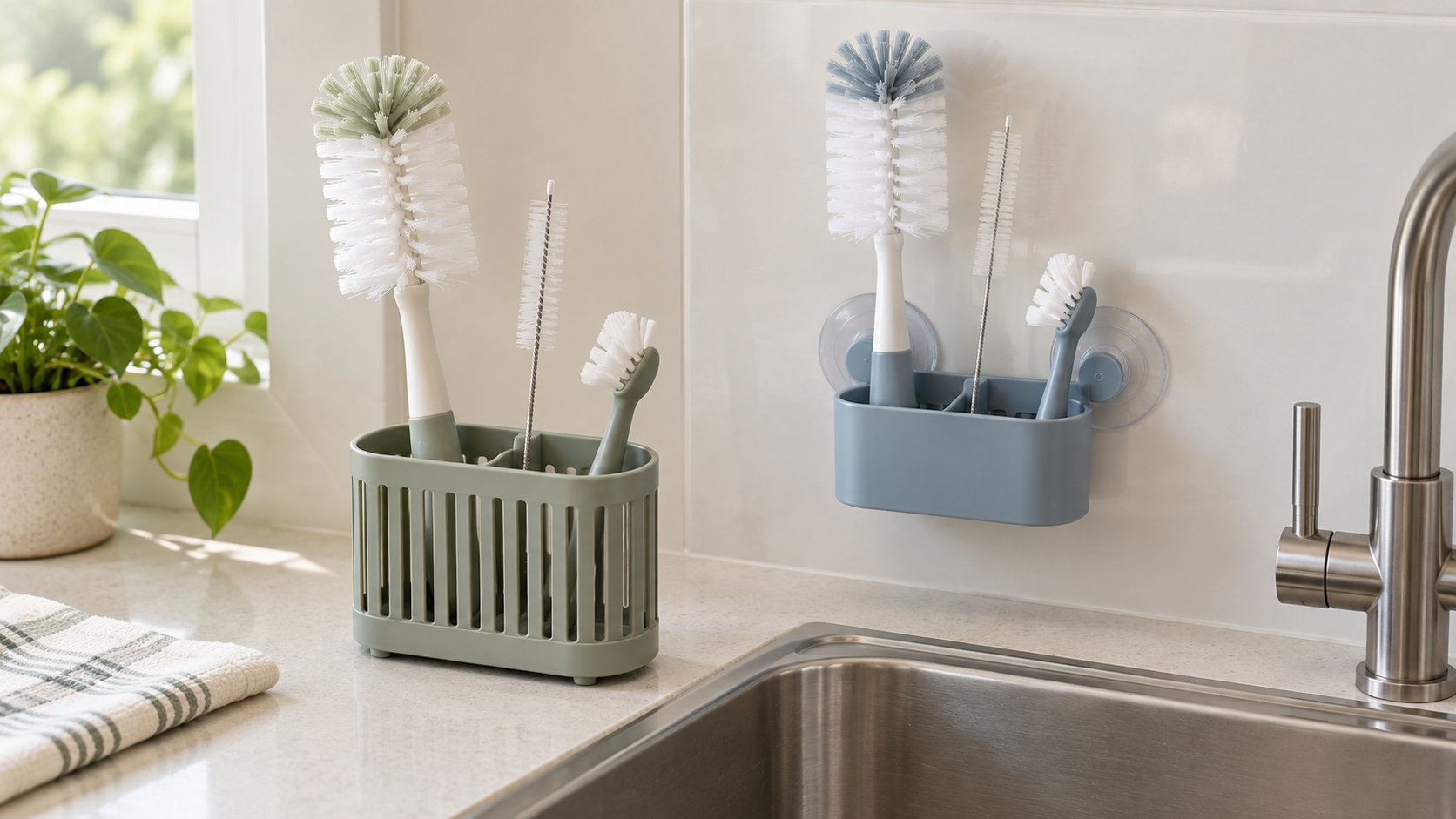 Freestanding sage sink caddy and blue suction-mounted holder, each storing a bottle brush, straw brush, and detail brush beside a kitchen sink