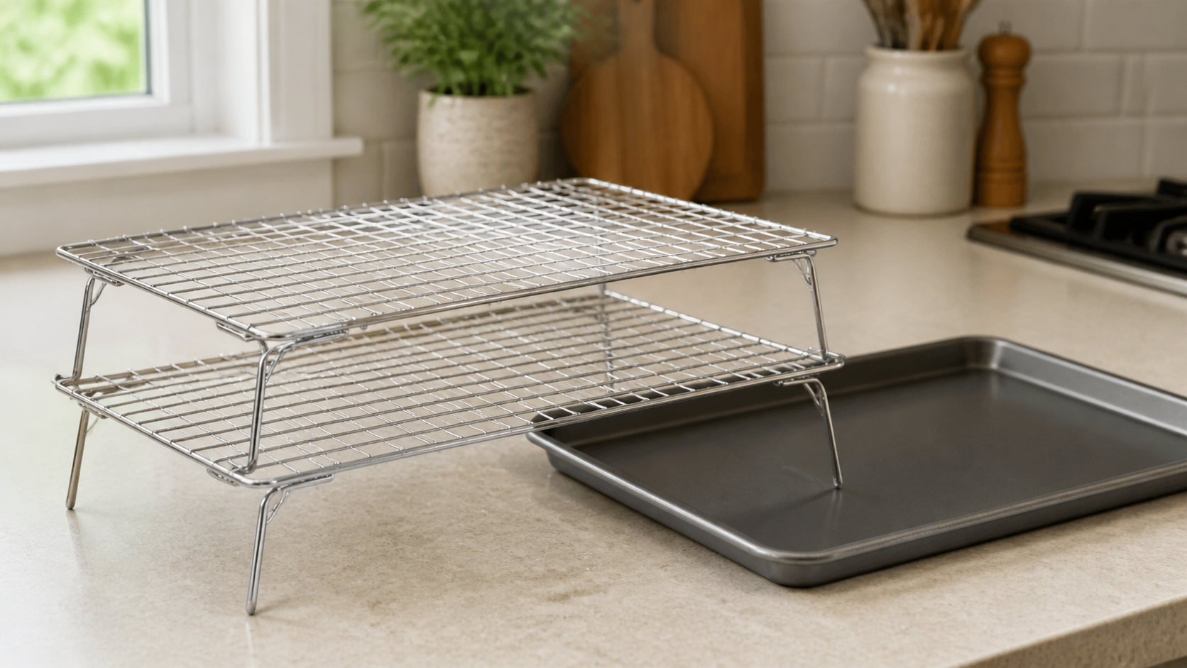 Two unbranded rectangular wire cooling racks stacked beside a rimmed sheet pan on a compact kitchen counter