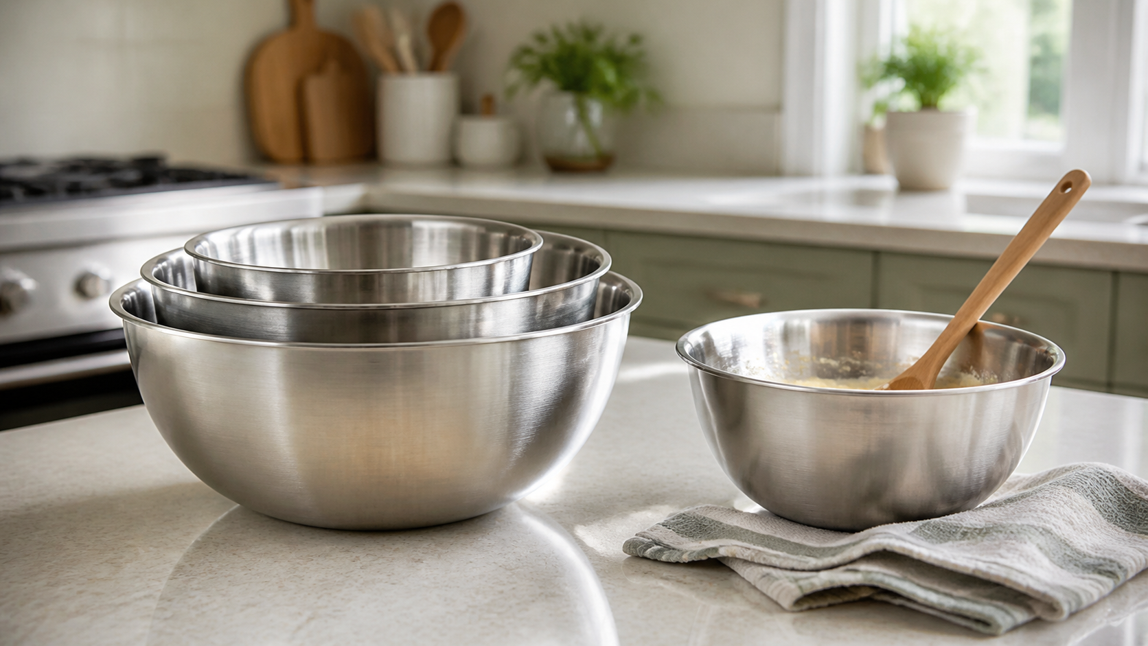 Three graduated stainless-steel mixing bowls nested on a compact kitchen counter beside a separate bowl and wooden spoon