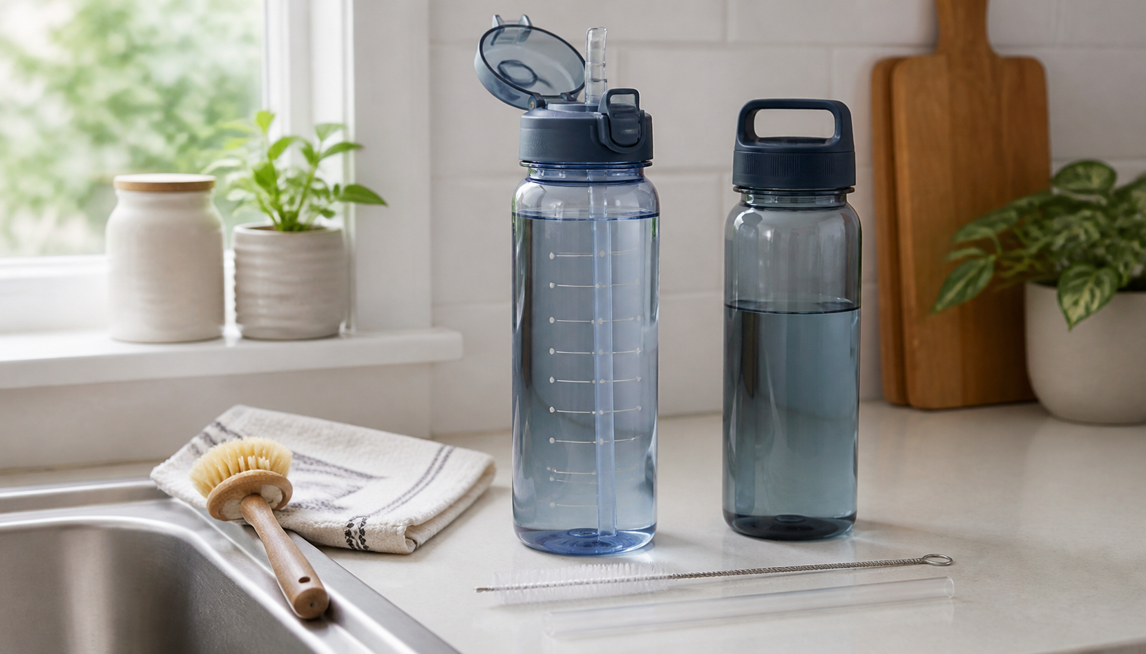 A translucent water bottle with subtle reminder marks beside a plain bottle, lid brush, and straw brush on a kitchen counter