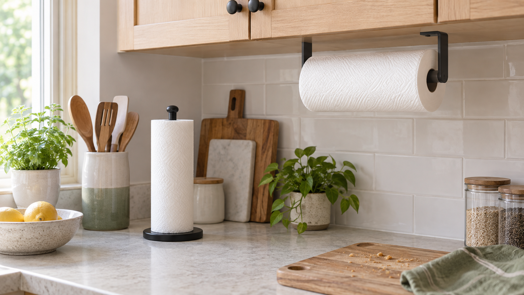 A black horizontal paper towel holder mounted below a light wood cabinet, with a freestanding holder nearby for comparison