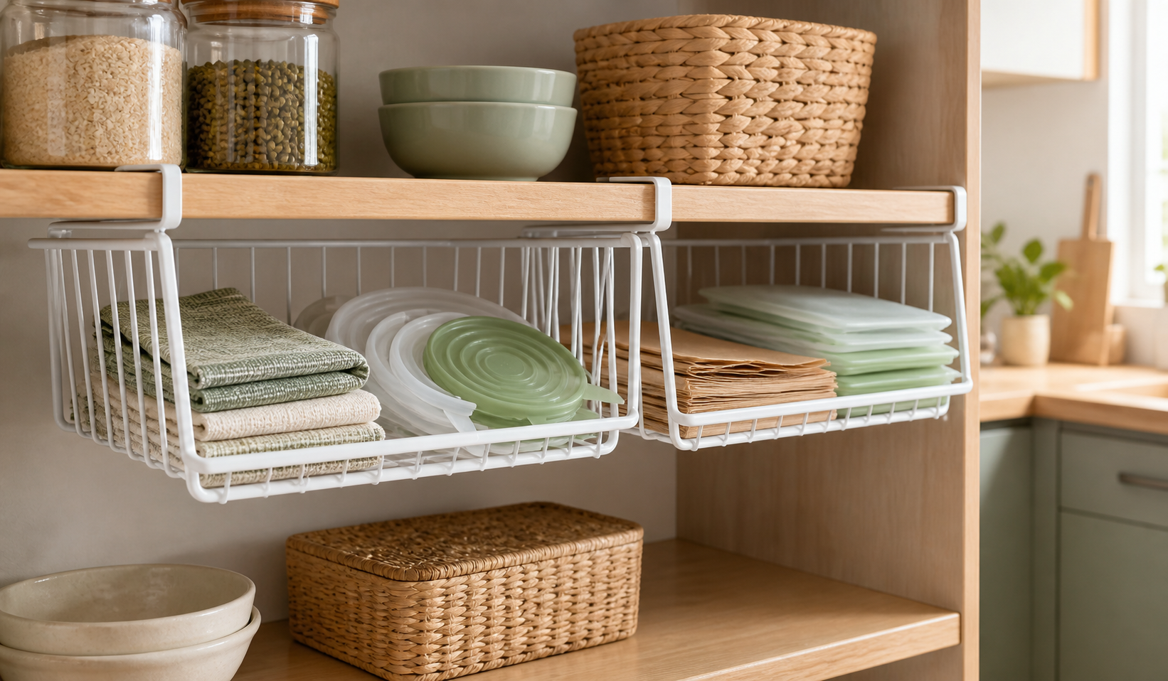 Two white wire under-shelf baskets holding folded cloths, silicone lids, parchment sheets, and reusable food bags in a compact pantry