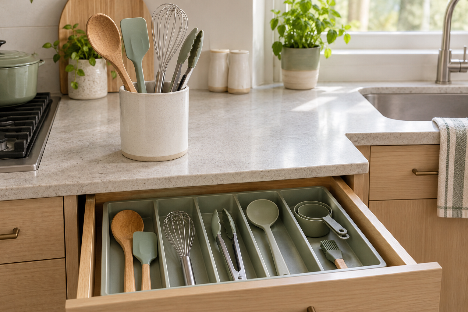 Unbranded ceramic utensil crock holding everyday cooking tools beside an open drawer with a divided utensil organizer